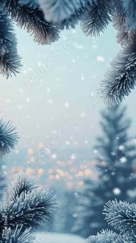 Frosty pine branches frame a winter scene with softly falling snow and blurre...