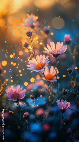 Daisies blooming in a vibrant meadow during sunset in a serene countryside se...