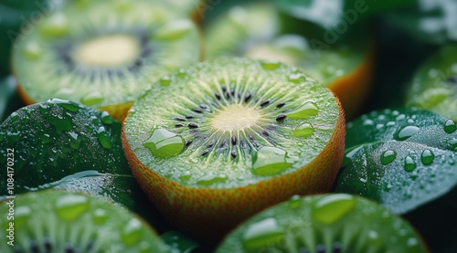 Freshly sliced kiwi surrounded by lush green leaves with water droplets on a ...