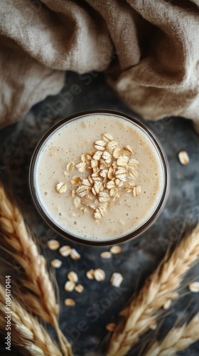 A jar of oat milk surrounded by oats and hazelnuts on a textured surface