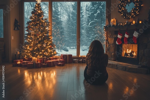 Cozy winter evening by the fireplace with a Christmas tree and holiday gifts ...