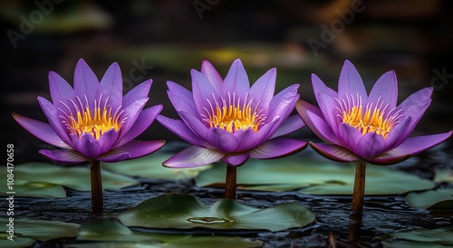 Three vibrant purple water lilies bloom gracefully on a calm pond during sunn...