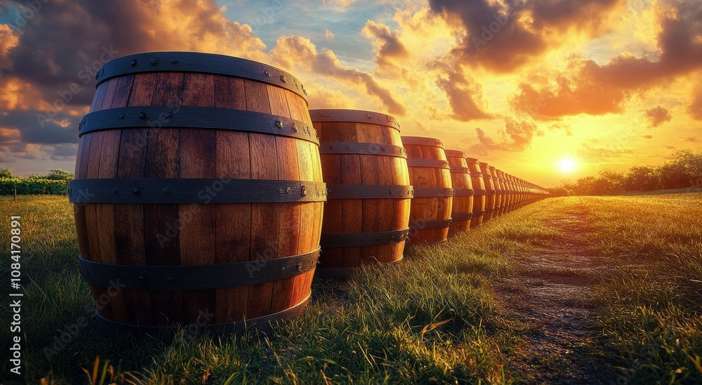 Obraz premium A row of wooden barrels aligned in a vineyard at sunset, showcasing natural beauty and industry