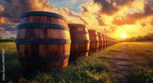 A row of wooden barrels aligned in a vineyard at sunset, showcasing natural b...