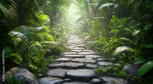 Steps leading through a lush, foggy jungle filled with vibrant greenery and t...