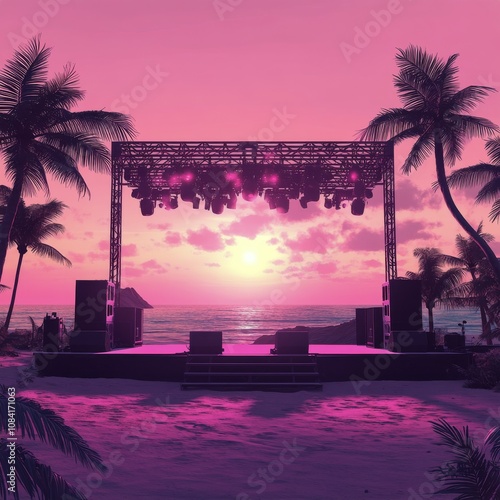 A vibrant sunset illuminates a concert stage on a tropical beach surrounded b...