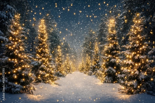 A peaceful winter pathway lined with snow covered trees illuminated by warm l...