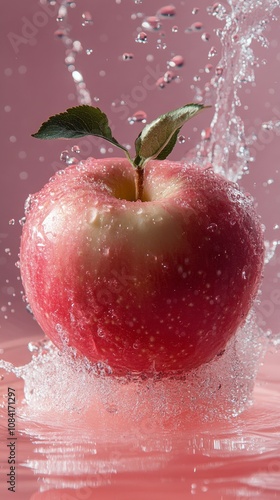 Fresh apple surrounded by water bubbles against a pink background during a br...