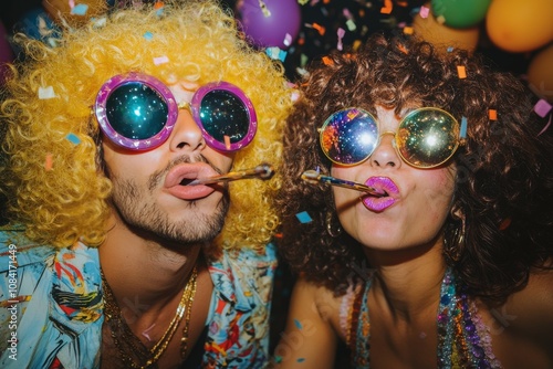 Couple wearing colorful wigs and sunglasses celebrating at a vibrant outdoor ...