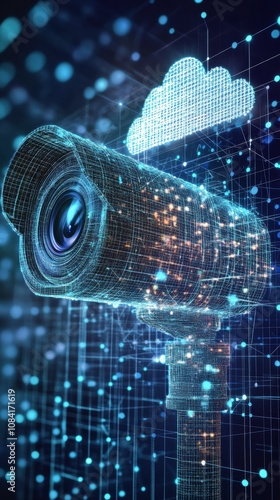 A digital camera connected to a cloud network symbolizing modern technology a...