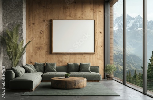 Modern living room with large windows overlooking snowy mountains in a wooden...