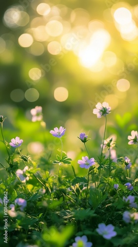 Gentle sunlight illuminates a vibrant wildflower meadow in springtime tranqui...