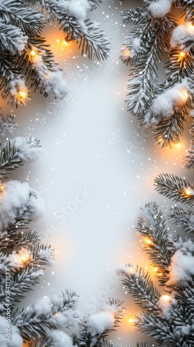 Winter wonderland with snowy pine branches illuminated by soft glowing lights