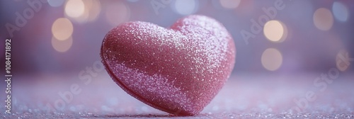 A sparkling pink heart decoration placed on a bed of glittering sequins at night