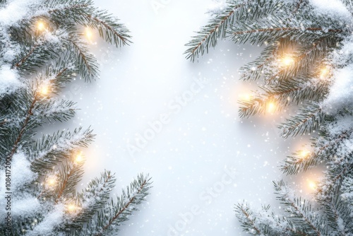 Winter decorations featuring snow covered pine branches and warm lights surro...