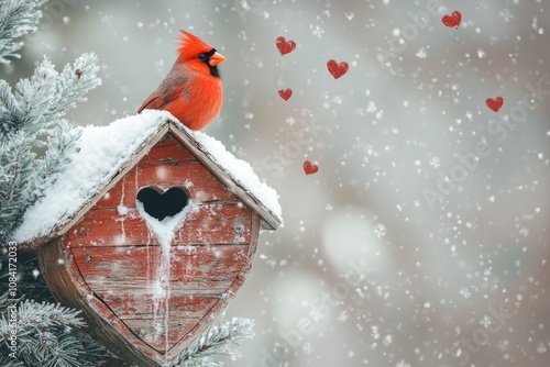 A vibrant cardinal perched on a snowy birdhouse with heart shaped entrance du...