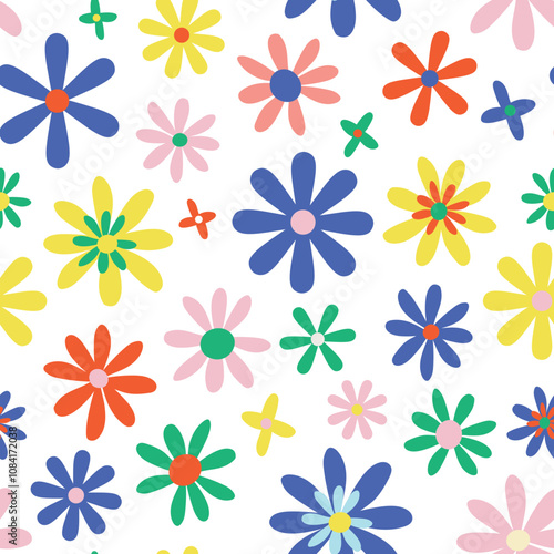 Seamless pattern with colorful flowers on white background