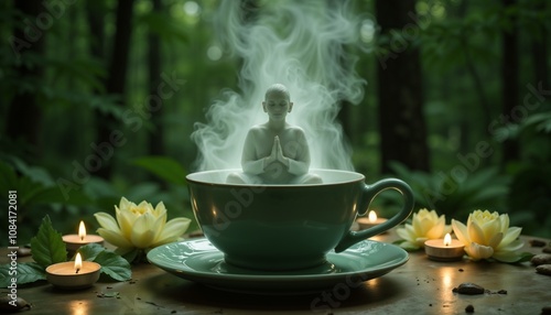Wallpaper Mural Meditative Figure in Tea Cup Surrounded by Forest Serenity Torontodigital.ca