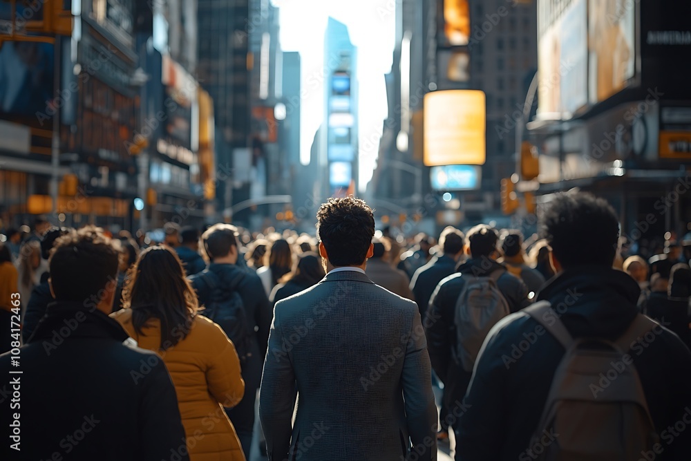 Fototapeta premium Downtown Rush Hour Anonymous Crowd Blurs Past Skyscrapers
