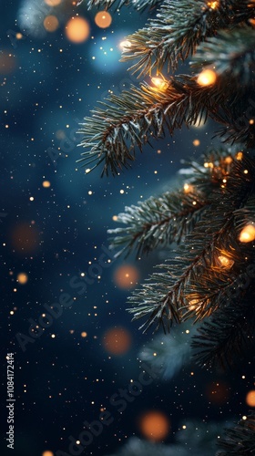 A snowy winter evening with illuminated pine branches and soft falling snowfl...