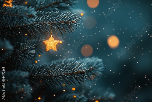 Beautiful golden star ornament hanging on a snow covered evergreen tree durin...