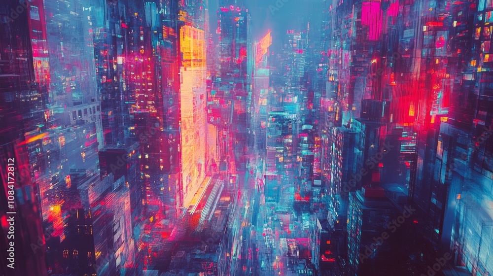 Obraz premium An abstract cityscape with fragmented buildings, overlapping perspectives, and neon colors, creating a futuristic, cyberpunk-inspired vision of urban life