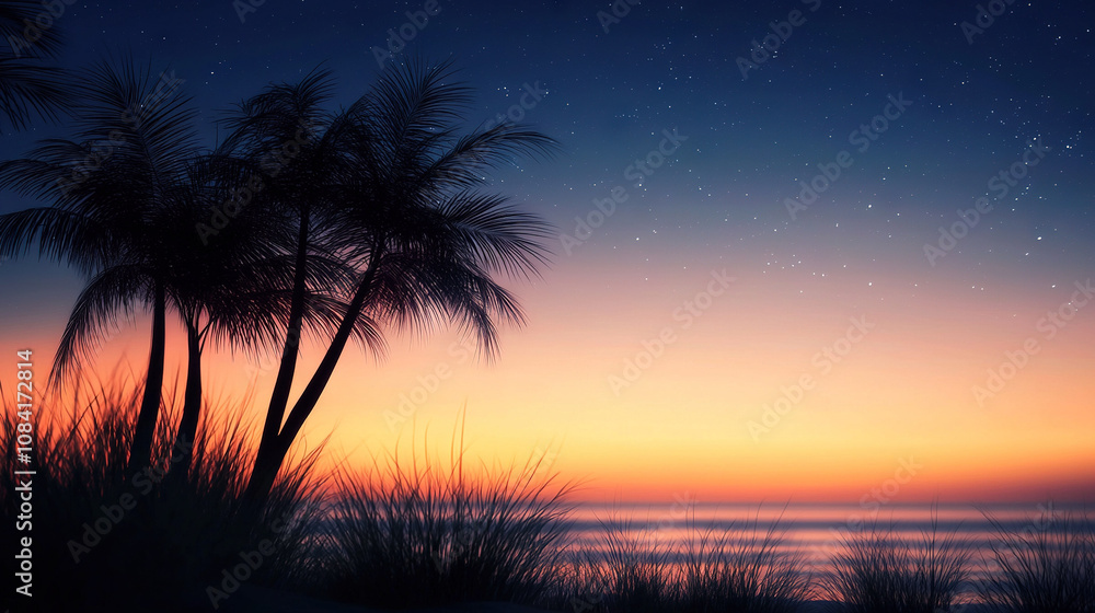 Obraz premium Sunset with palm trees in the foreground, water in the background & stars above