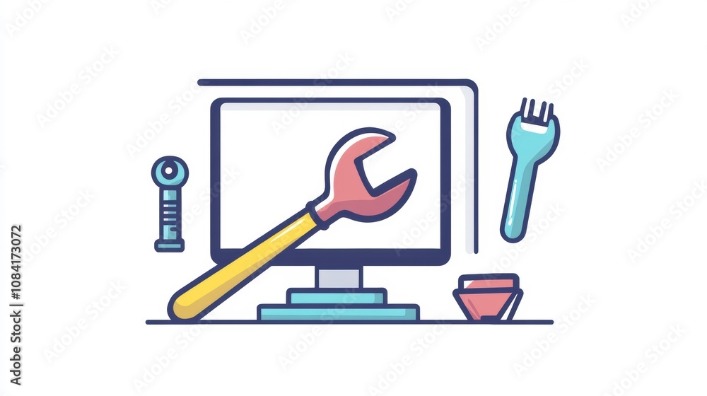 Obraz premium A wrench and screwdriver are positioned next to a computer monitor, indicating an active session of computer repair or maintenance in an office. Generative AI