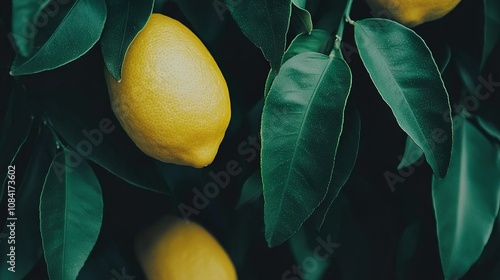   A cluster of lemons dangling from a tree, adorned by green foliage on the topmost tips of the limbs photo