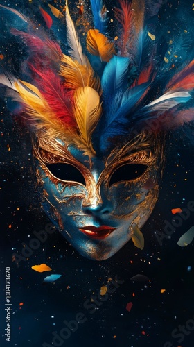 Colorful masquerade mask adorned with feathers and vibrant details on a dark ...