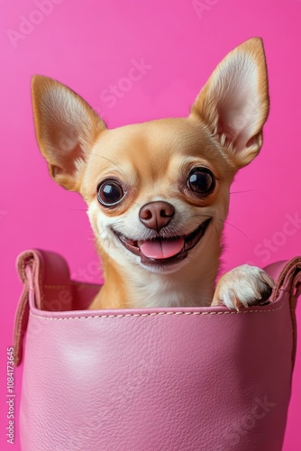 Cute Chihuahua sitting comfortably in a pink bag against a vibrant pink backg...