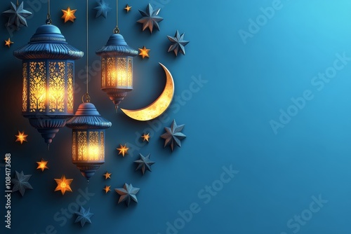A serene night with glowing lanterns and a crescent moon over tranquil dunes