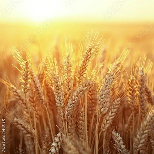 Golden wheat field swaying gently in the breeze during sunset in a rural area