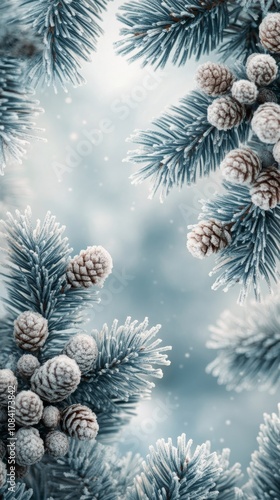 Winter pine branches adorned with snow and pine cones in a serene, frosty atm...