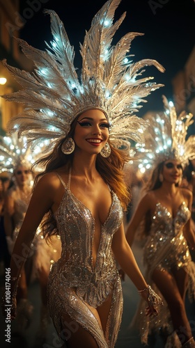 Women in elaborate costumes parade through a festive street at night during a...