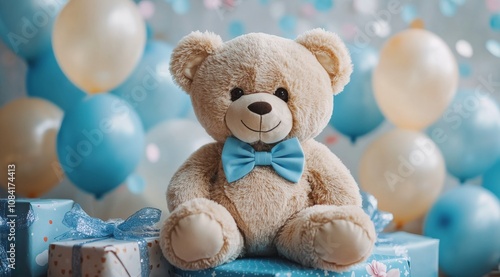 A cute bear with a blue bow tie surrounded by balloons and gifts in a festive...