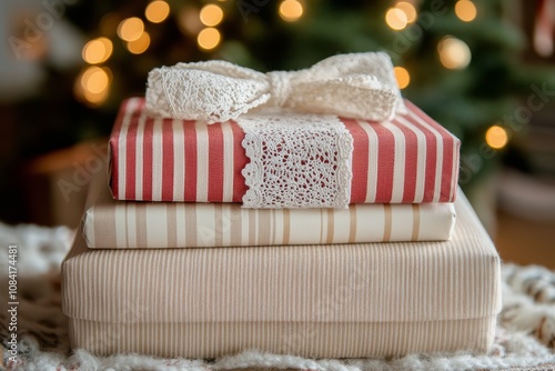 Decorated gift boxes stacked beside a Christmas tree in a cozy living room du...