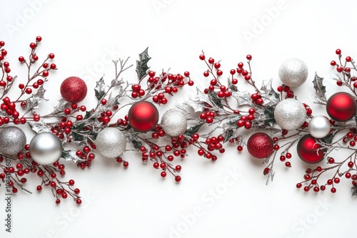 Festive red and white ornaments with greenery for colorful holiday decorations