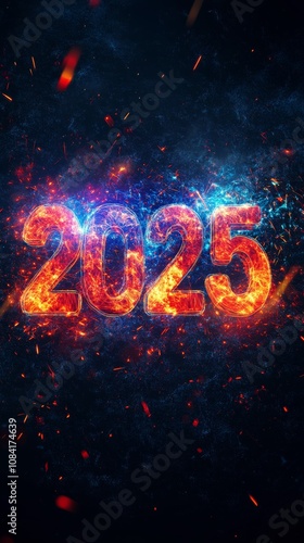 Display of fiery textures and colors representing the year 2025 against a dar...