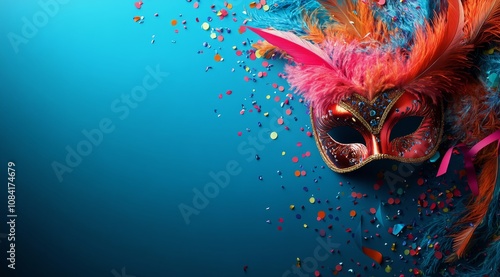 Colorful masquerade mask with feathers and confetti on vibrant blue background