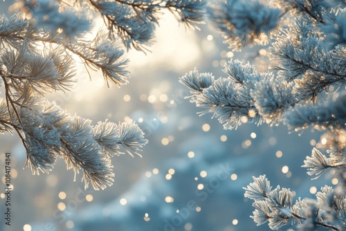Frost covered pine branches glistening in sunlight during a winter morning