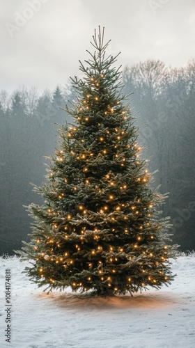A beautifully lit Christmas tree surrounded by snow during a winter evening a...