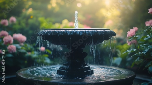 A tranquil fountain surrounded by vibrant flowers in a serene garden during d...