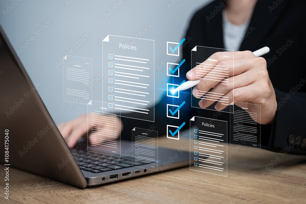 © Ticha - Policy documentation and compliance concept, Businesswomen checking on digital documents, Check steps through policies, certifications, financial detail, Quality inspection, Terms and Conditions