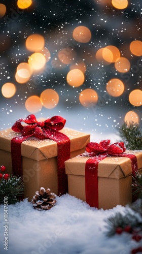 Snowy holiday scene with wrapped gifts and festive bokeh lights in the backgr...