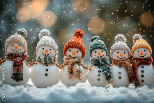 Cheerful snowmen wearing colorful hats and scarves enjoy a snowy day in a win...