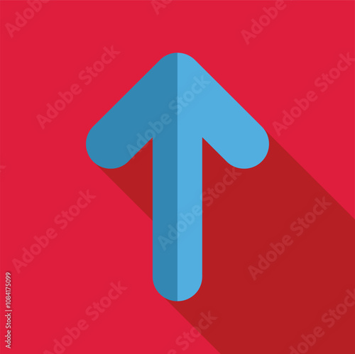 Simple blue arrow pointing upwards with a long shadow on a red background, representing concepts such as progress, growth, and direction