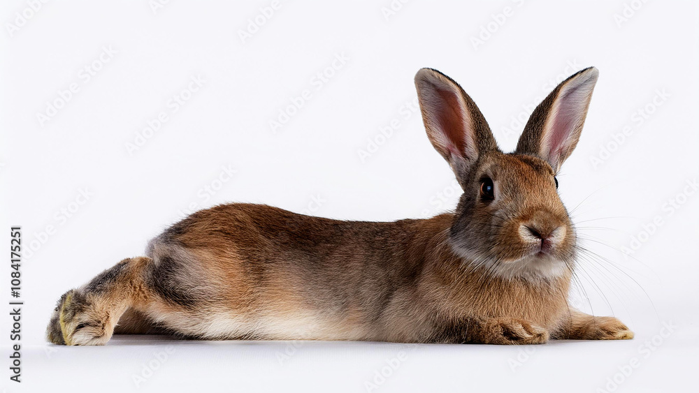 Obraz premium Rabbit in a lying position on a white background.