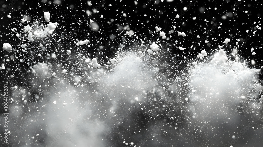 Obraz premium Abstract Monochromatic Snow Exploding in Dark Background, Winter Blizzard Effect Illustration