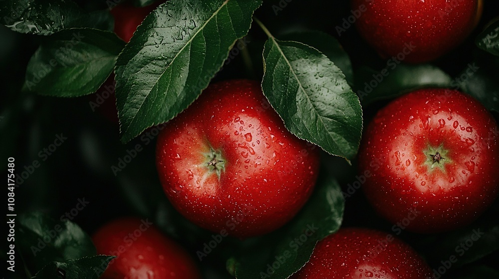 Obraz premium Red apples atop leafy branch with water droplets